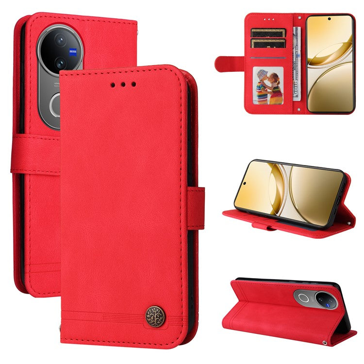 For vivo V50 5G Case Wallet Skin Touch Leather Phone Cover Tree Pattern Hardware - Red
