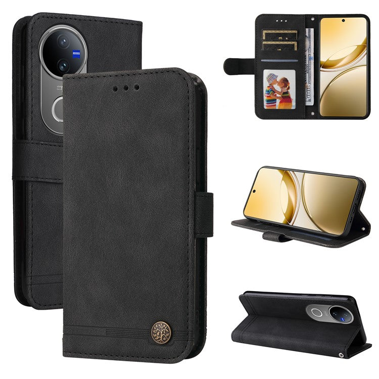 For vivo V50 5G Case Wallet Skin Touch Leather Phone Cover Tree Pattern Hardware - Black
