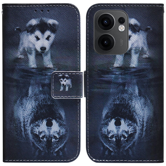For Oppo Reno13 F 5G Wallet Case Pattern Print Leather Phone Cover - Dog and Wolf