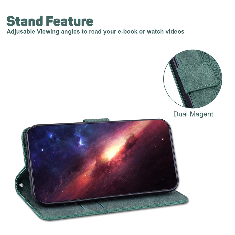 For Oppo Reno13 F 5G Case Geometry Pattern Leather Wallet Phone Cover with Wrist Strap - Green