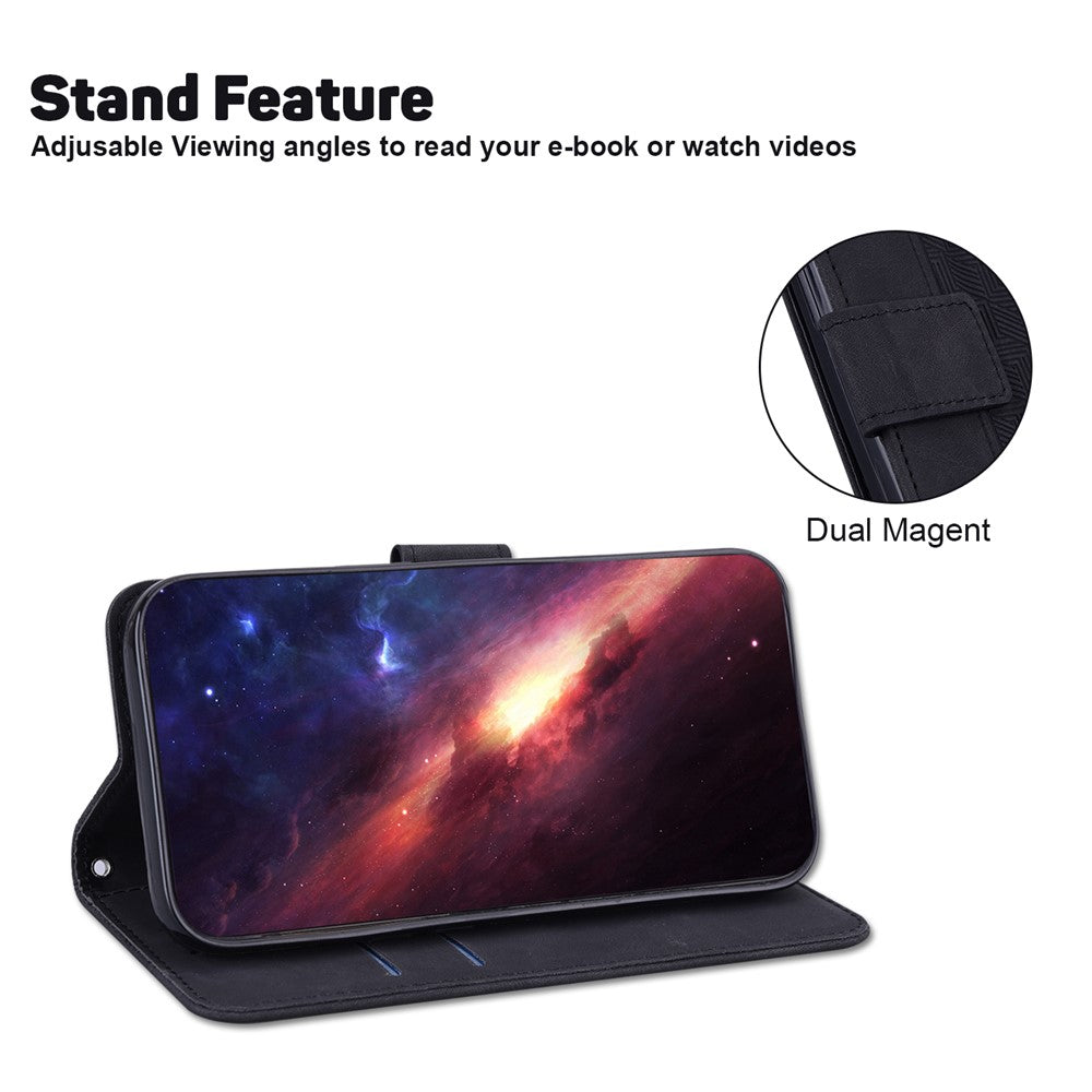 For Oppo Reno13 F 5G Case Geometry Pattern Leather Wallet Phone Cover with Wrist Strap - Black