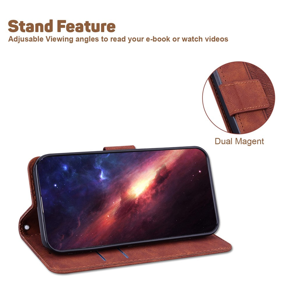 For Oppo Reno13 F 5G Case Geometry Pattern Leather Wallet Phone Cover with Wrist Strap - Brown