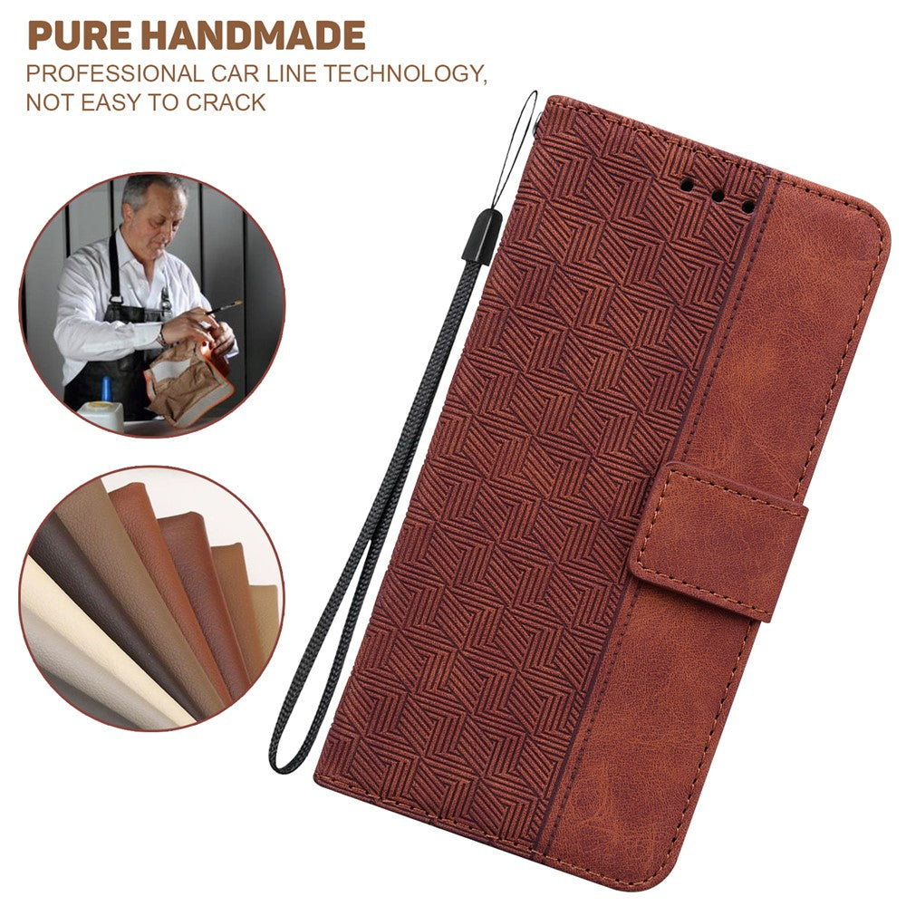 For Oppo Reno13 F 5G Case Geometry Pattern Leather Wallet Phone Cover with Wrist Strap - Brown