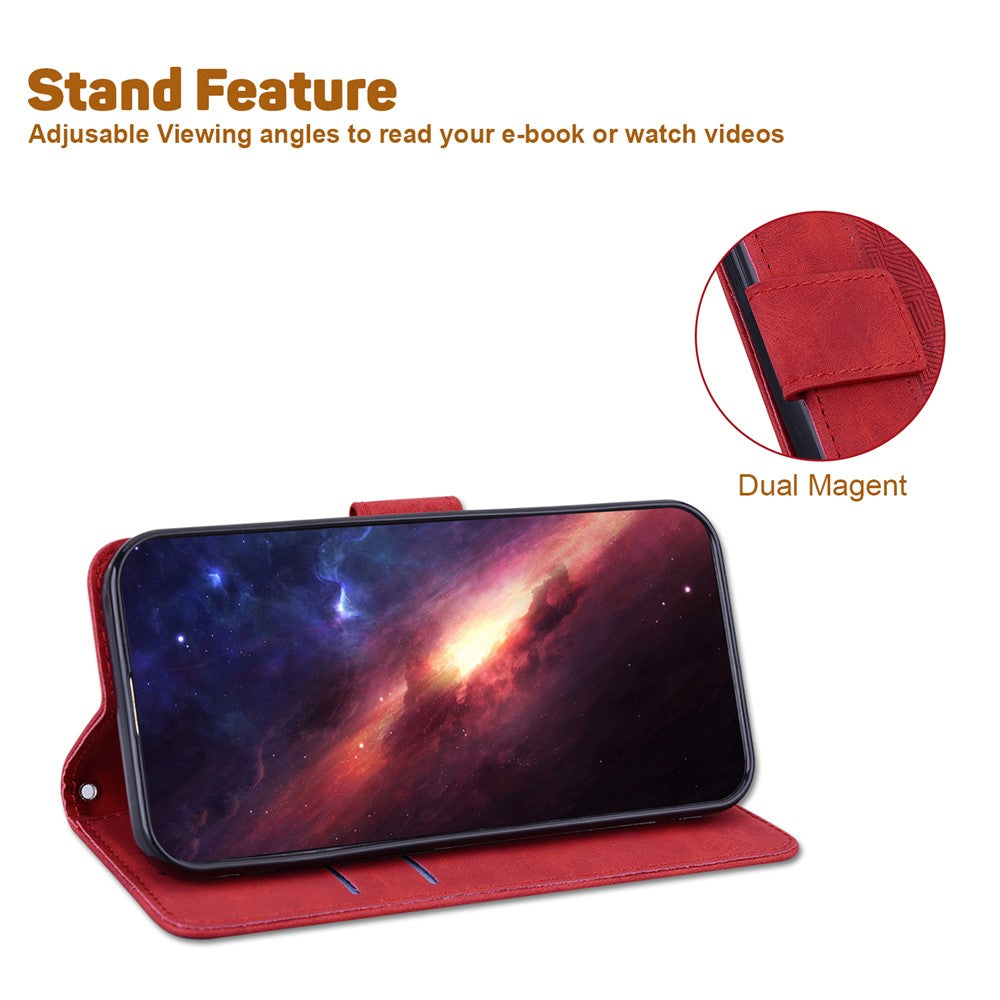 For Oppo Reno13 F 5G Case Geometry Pattern Leather Wallet Phone Cover with Wrist Strap - Red
