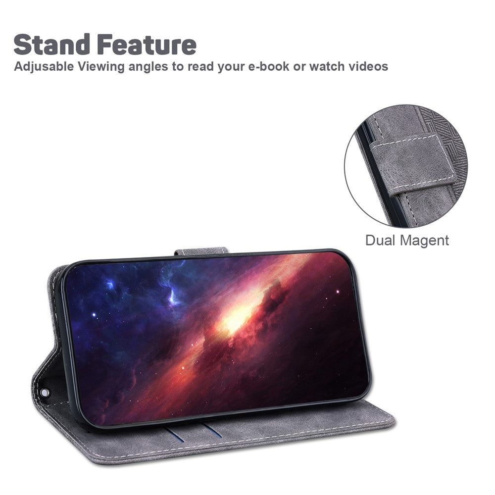 For Oppo Reno13 F 5G Case Geometry Pattern Leather Wallet Phone Cover with Wrist Strap - Grey