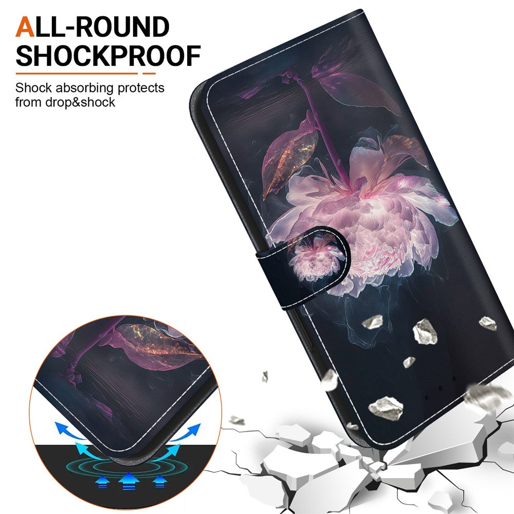 For Oppo Reno13 F 5G Wallet Phone Case Anti-Drop Leather Flip Cover Pattern Printing - Purple Peony