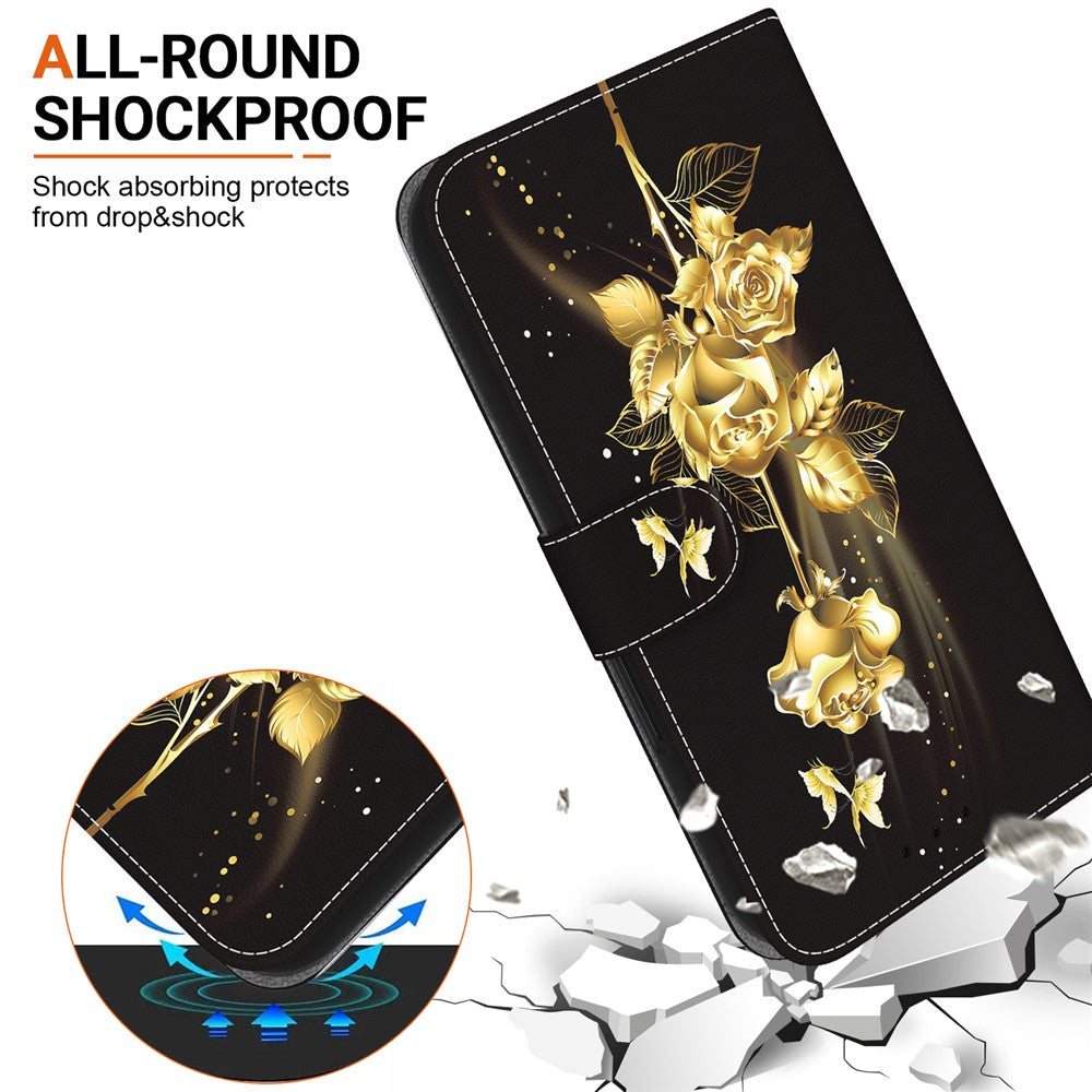 For Oppo Reno13 F 5G Wallet Phone Case Anti-Drop Leather Flip Cover Pattern Printing - Gold Butterfly Rose