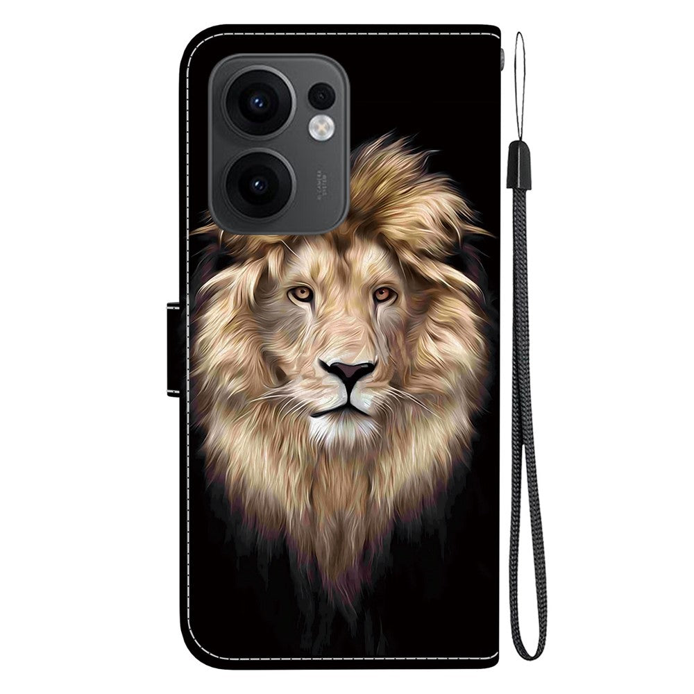 For Oppo Reno13 F 5G Case Pattern Printing Anti-Drop Leather Flip Wallet Phone Cover with Lanyard - Lion Head