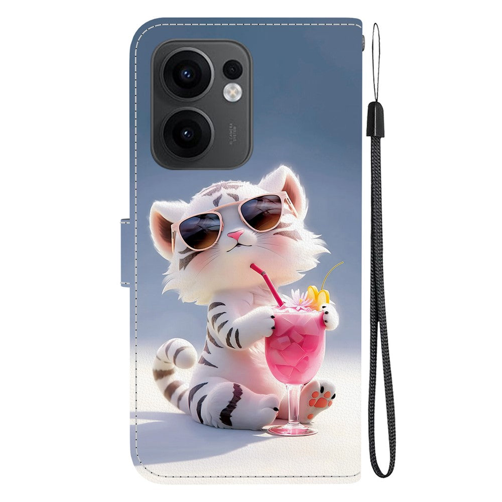 For Oppo Reno13 F 5G Case Pattern Printing Anti-Drop Leather Flip Wallet Phone Cover with Lanyard - Cartoon Tiger