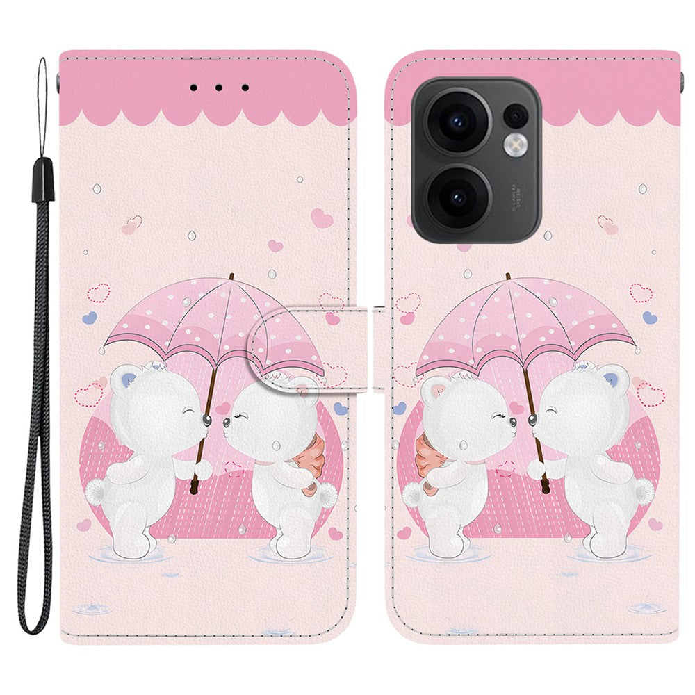 For Oppo Reno13 F 5G Case Pattern Printing Anti-Drop Leather Flip Wallet Phone Cover with Lanyard - Cartoon Couple Bear