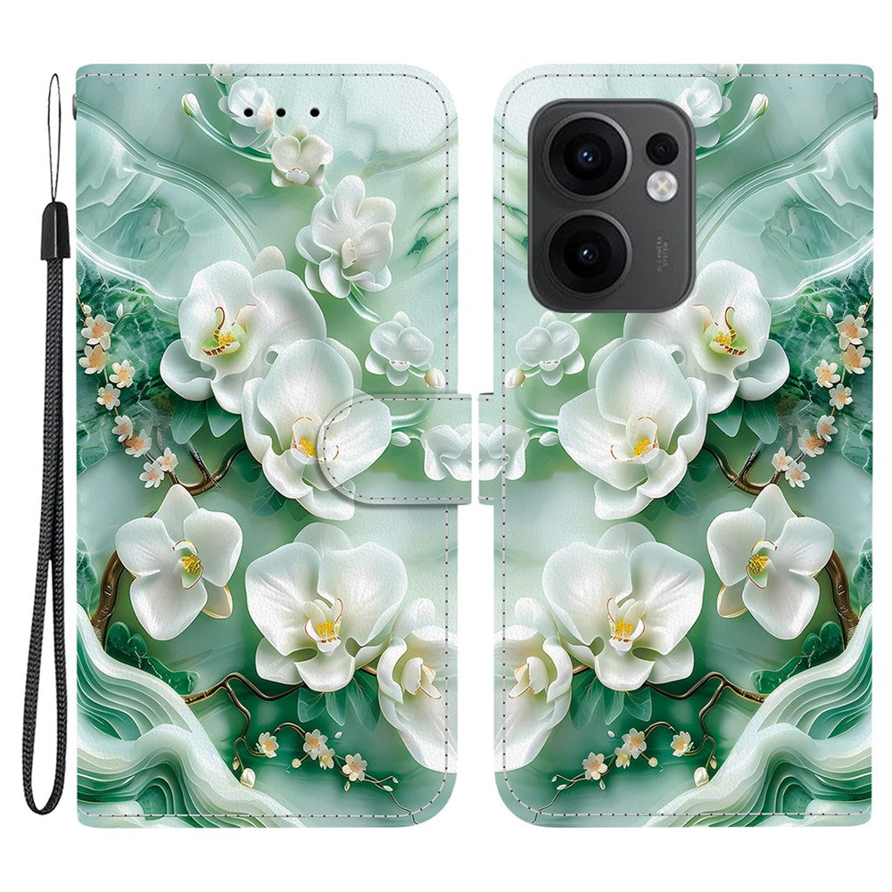 For Oppo Reno13 F 5G Case Pattern Printing Anti-Drop Leather Flip Wallet Phone Cover with Lanyard - Jade Flower