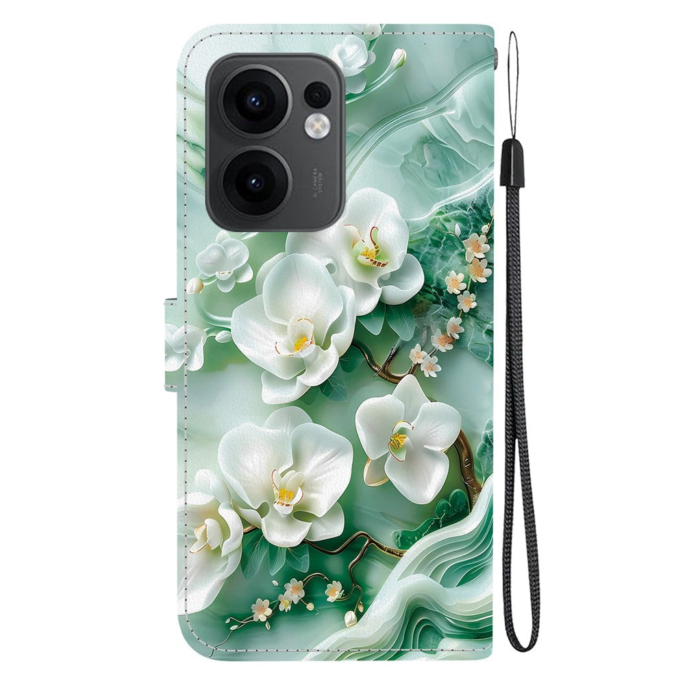 For Oppo Reno13 F 5G Case Pattern Printing Anti-Drop Leather Flip Wallet Phone Cover with Lanyard - Jade Flower