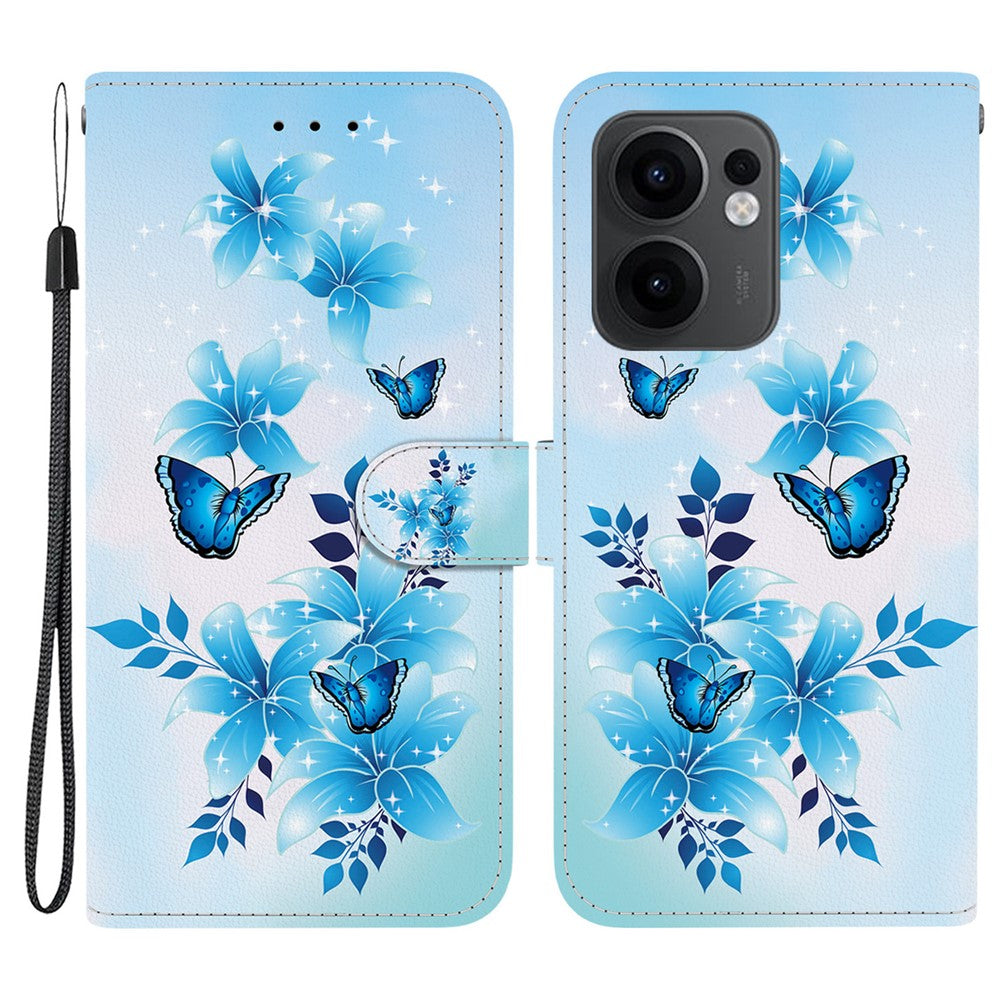 For Oppo Reno13 F 5G Case Pattern Printing Anti-Drop Leather Flip Wallet Phone Cover with Lanyard - Blue Butterfly