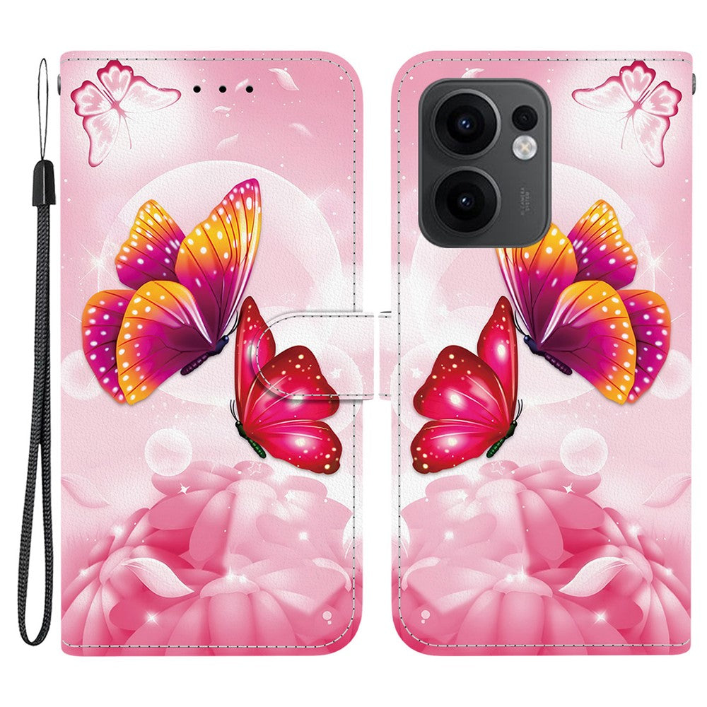 For Oppo Reno13 F 5G Case Pattern Printing Anti-Drop Leather Flip Wallet Phone Cover with Lanyard - Pink Butterfly