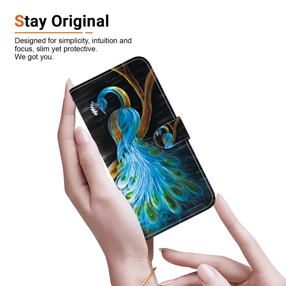 For Oppo Reno13 F 5G Case Pattern Printing Anti-Drop Leather Flip Wallet Phone Cover with Lanyard - Peacock