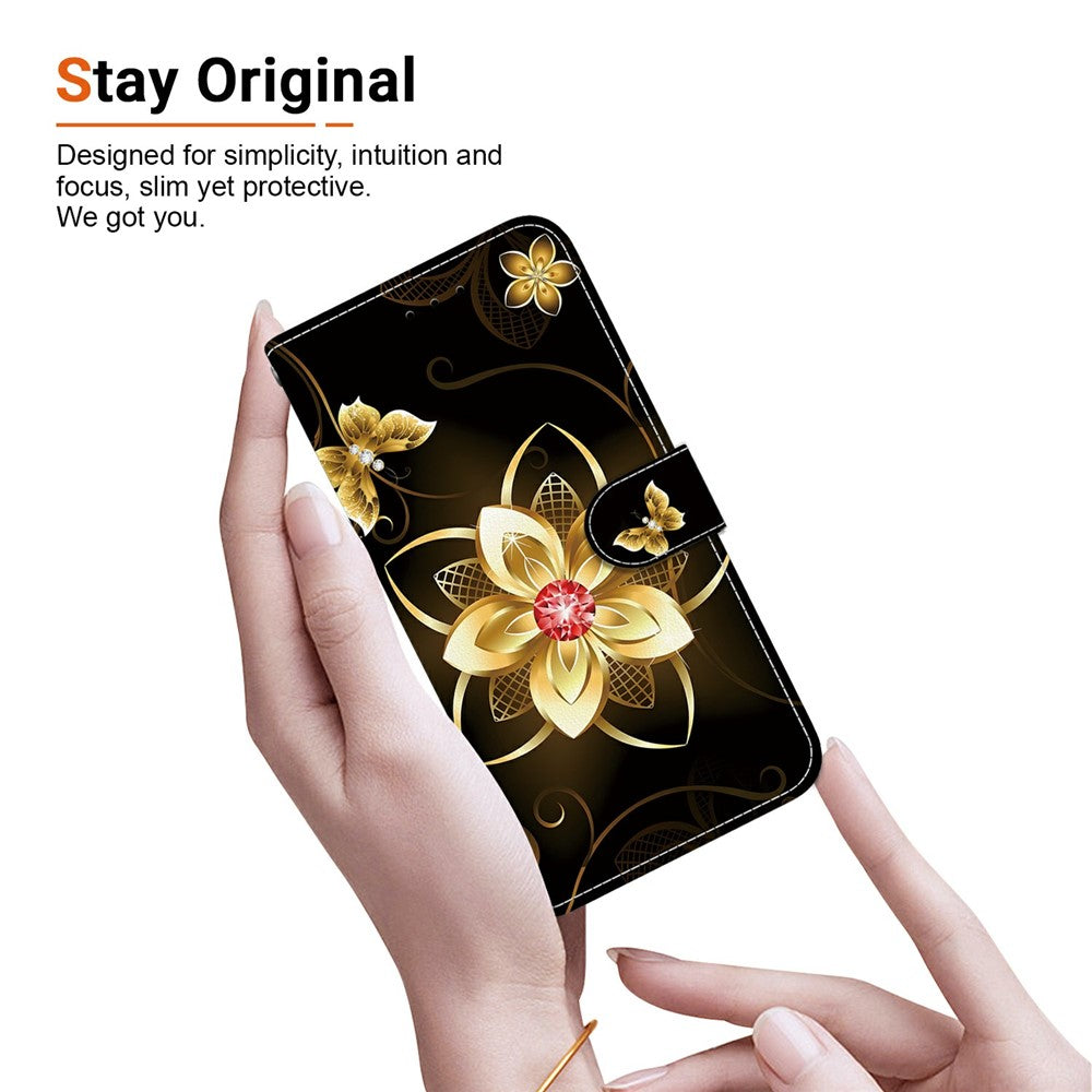 For Oppo Reno13 F 5G Case Pattern Printing Anti-Drop Leather Flip Wallet Phone Cover with Lanyard - Golden Flower