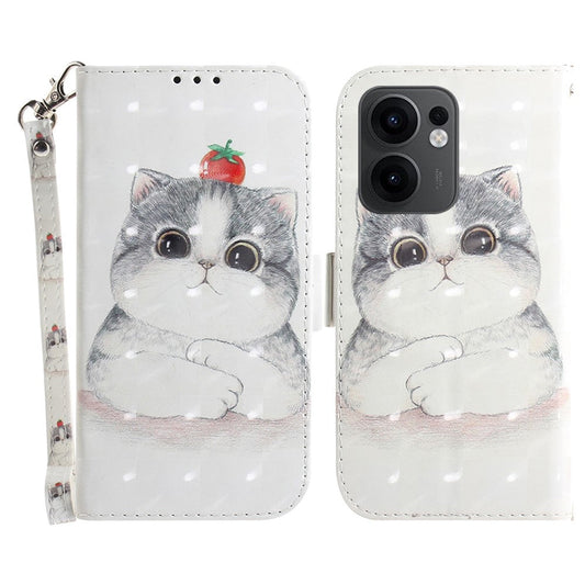 For Oppo Reno13 F 5G Case Pattern Printing Leather Wallet Phone Cover with Wrist Strap - Cute Cat