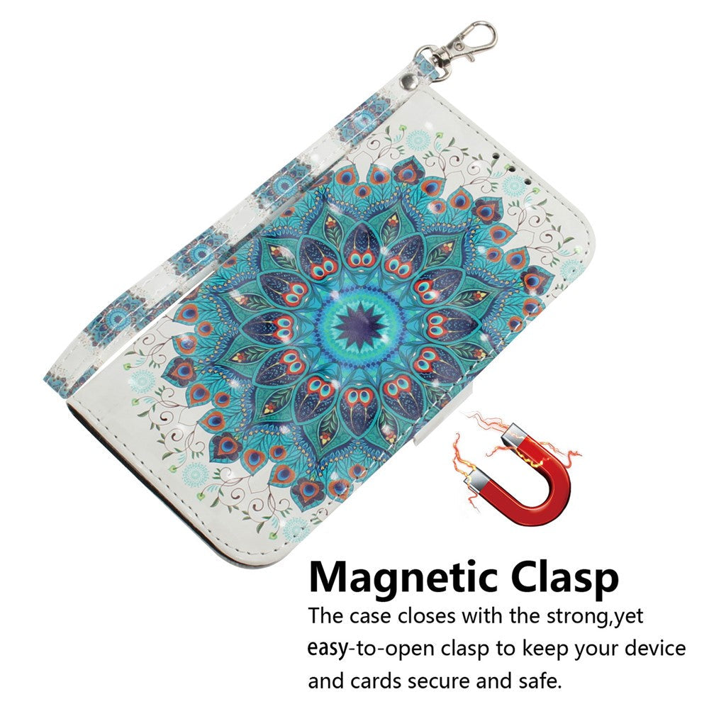 For Oppo Reno13 F 5G Case Pattern Printing Leather Wallet Phone Cover with Wrist Strap - Peacock Wreath