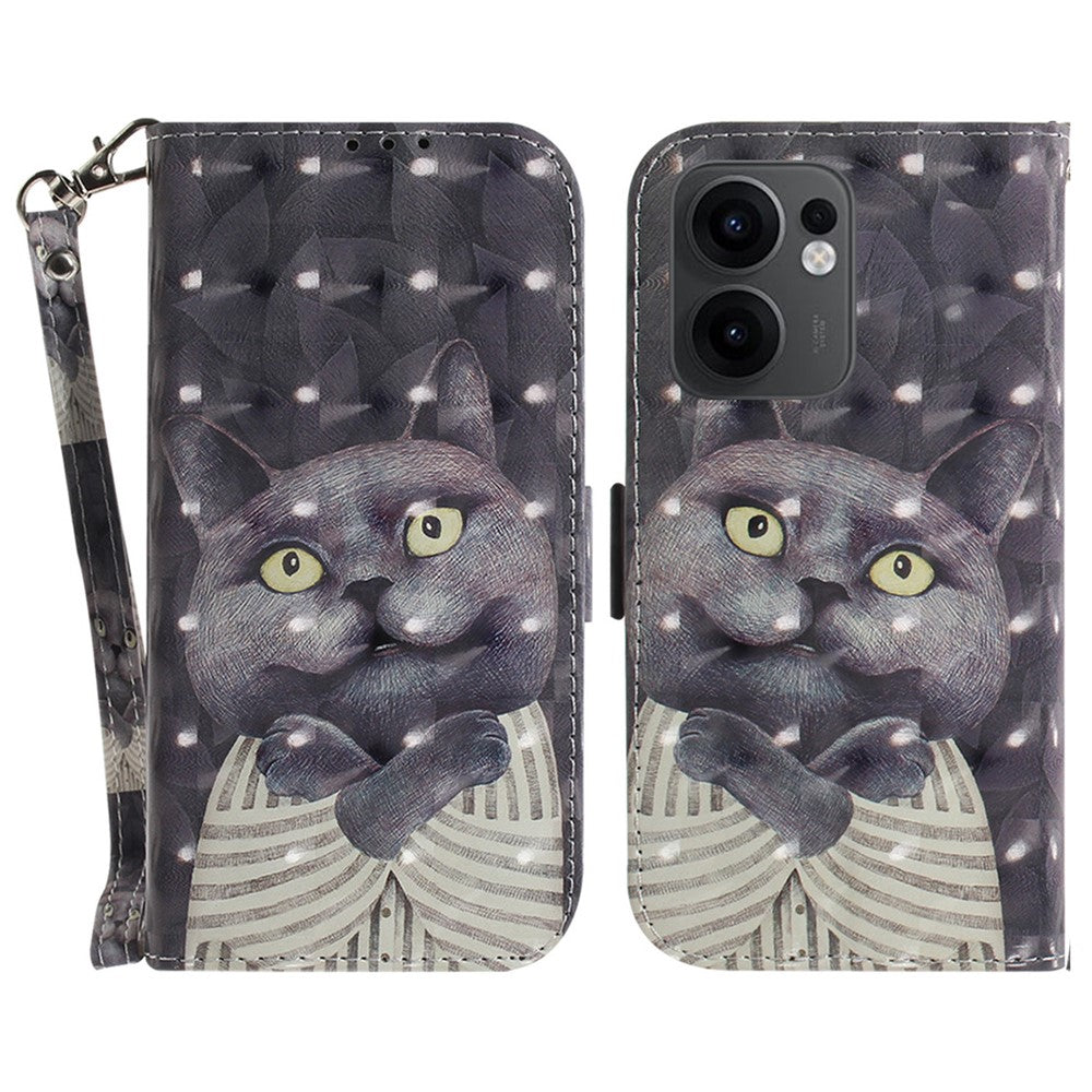 For Oppo Reno13 F 5G Case Pattern Printing Leather Wallet Phone Cover with Wrist Strap - Embracing Cat