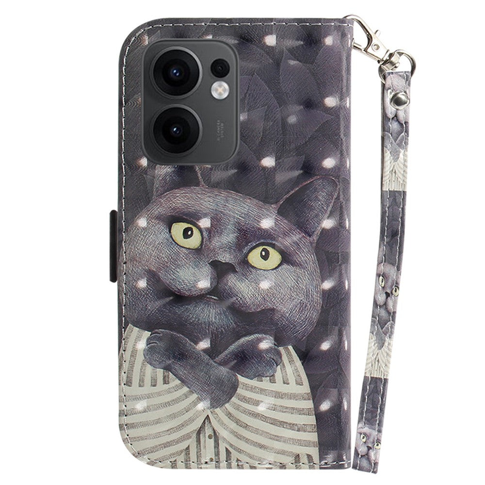 For Oppo Reno13 F 5G Case Pattern Printing Leather Wallet Phone Cover with Wrist Strap - Embracing Cat