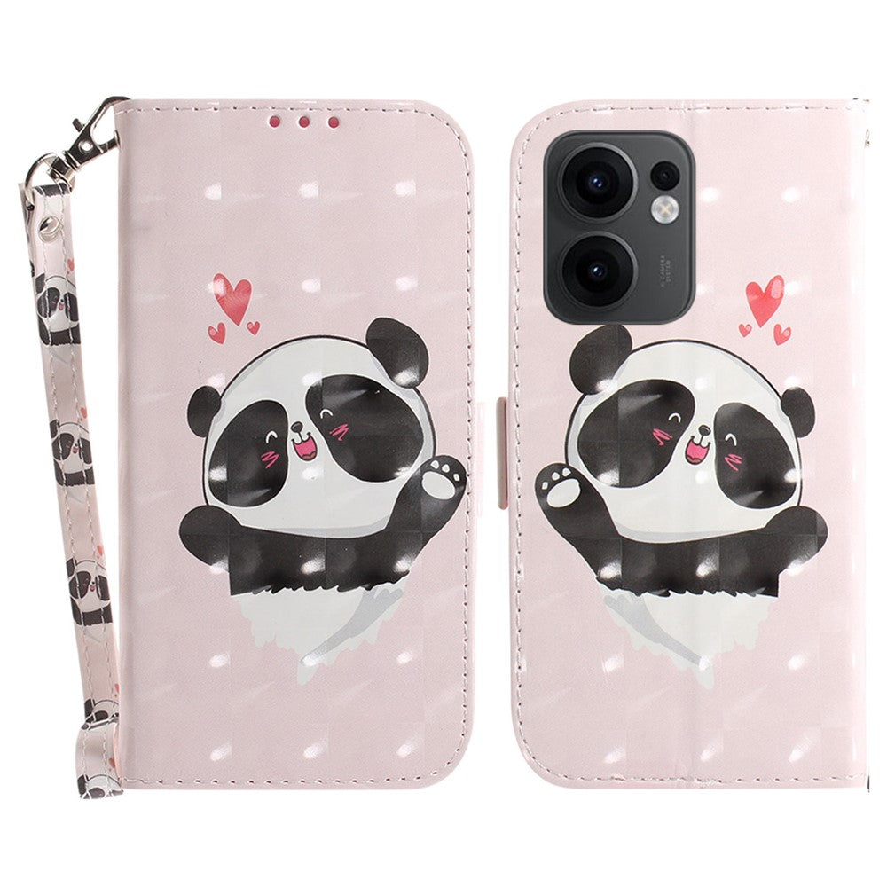 For Oppo Reno13 F 5G Case Pattern Printing Leather Wallet Phone Cover with Wrist Strap - Love Heart Panda