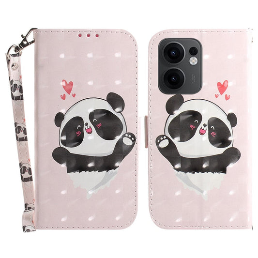 For Oppo Reno13 F 5G Case Pattern Printing Leather Wallet Phone Cover with Wrist Strap - Love Heart Panda