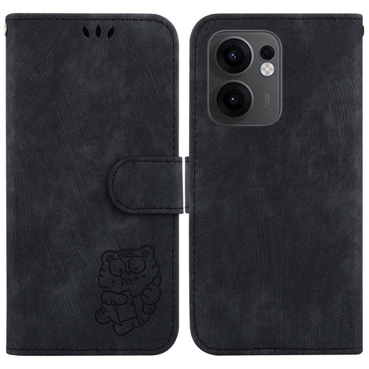 For Oppo Reno13 F 5G Wallet Case Tiger Imprint Leather Shockproof Phone Cover - Black