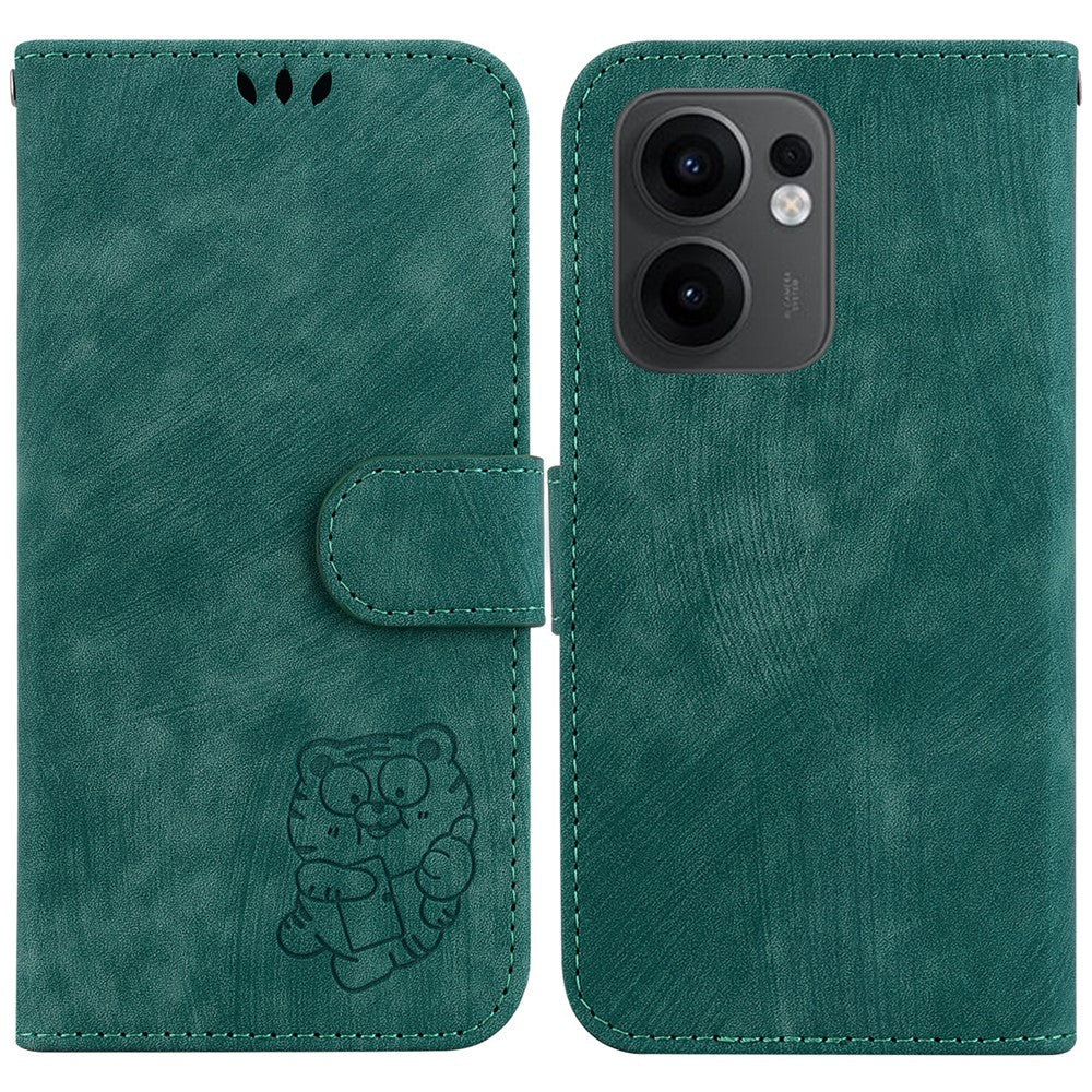 For Oppo Reno13 F 5G Wallet Case Tiger Imprint Leather Shockproof Phone Cover - Green