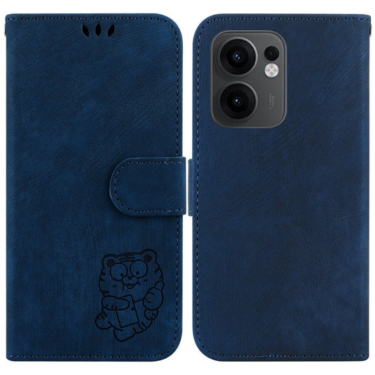 For Oppo Reno13 F 5G Wallet Case Tiger Imprint Leather Shockproof Phone Cover - Dark Blue