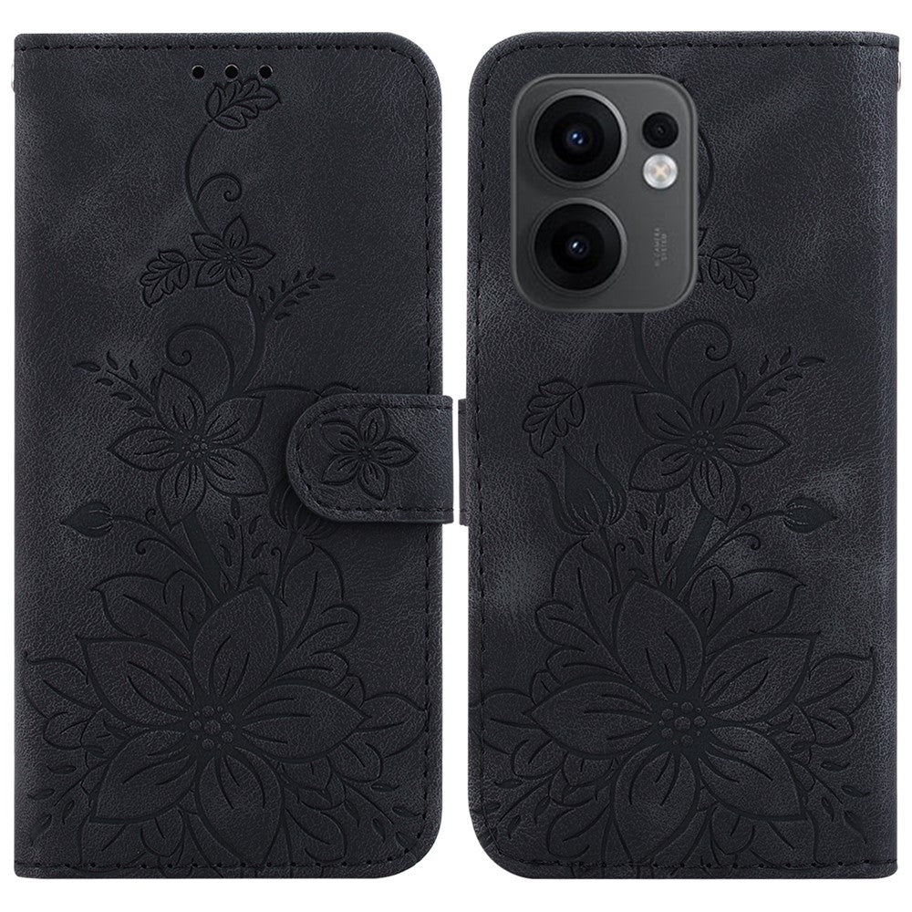 For Oppo Reno13 F 5G Case Lily Flower Imprint Leather Phone Cover with Stand - Black