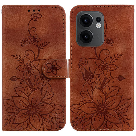 For Oppo Reno13 F 5G Case Lily Flower Imprint Leather Phone Cover with Stand - Brown