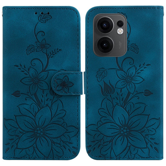 For Oppo Reno13 F 5G Case Lily Flower Imprint Leather Phone Cover with Stand - Dark Blue
