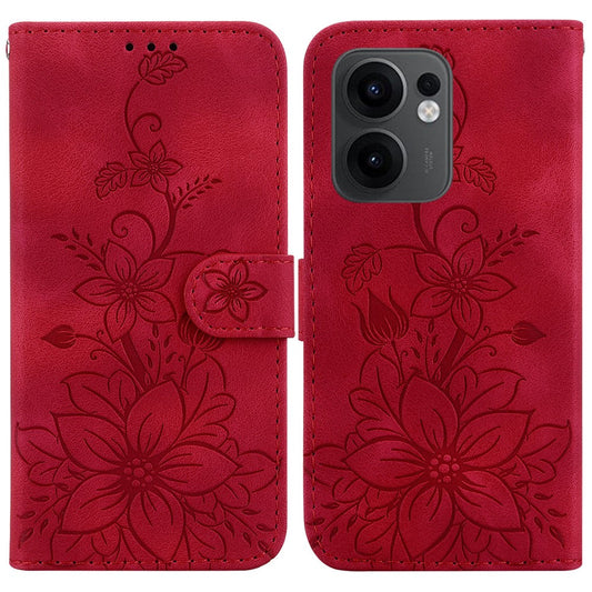 For Oppo Reno13 F 5G Case Lily Flower Imprint Leather Phone Cover with Stand - Red