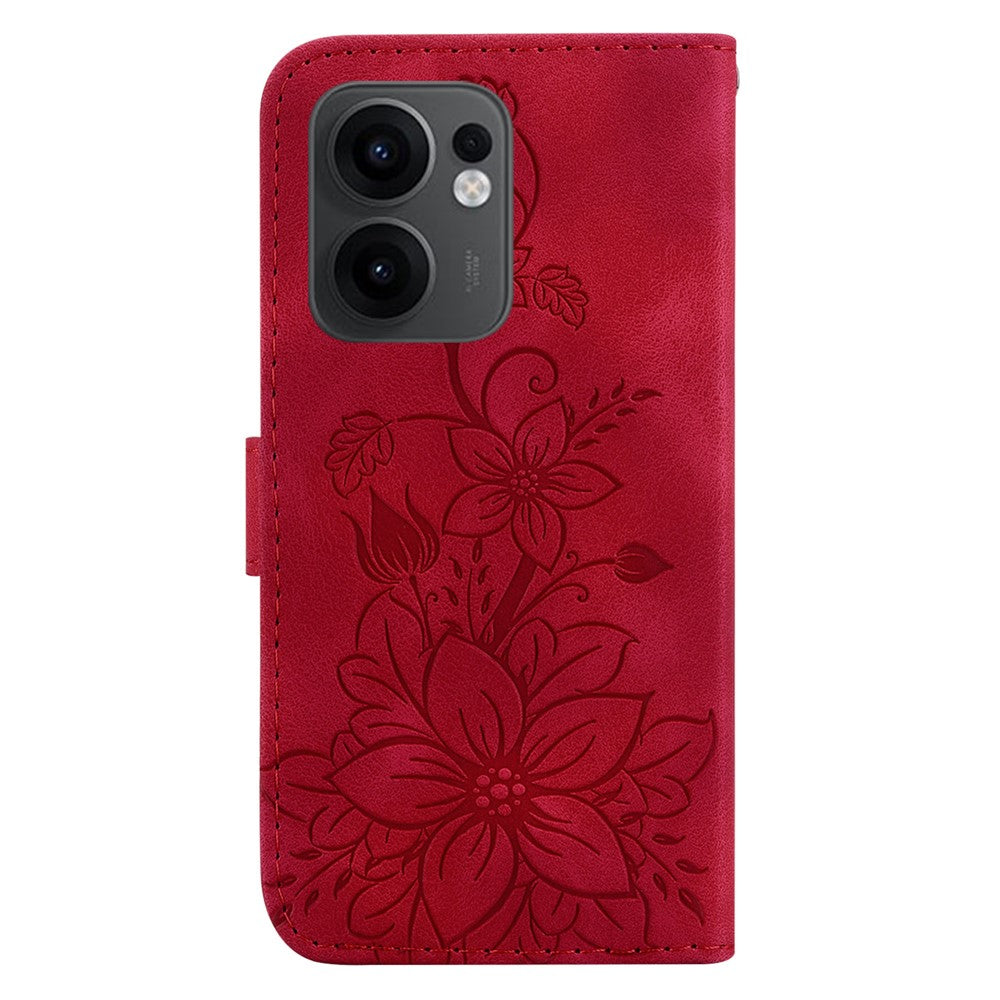 For Oppo Reno13 F 5G Case Lily Flower Imprint Leather Phone Cover with Stand - Red