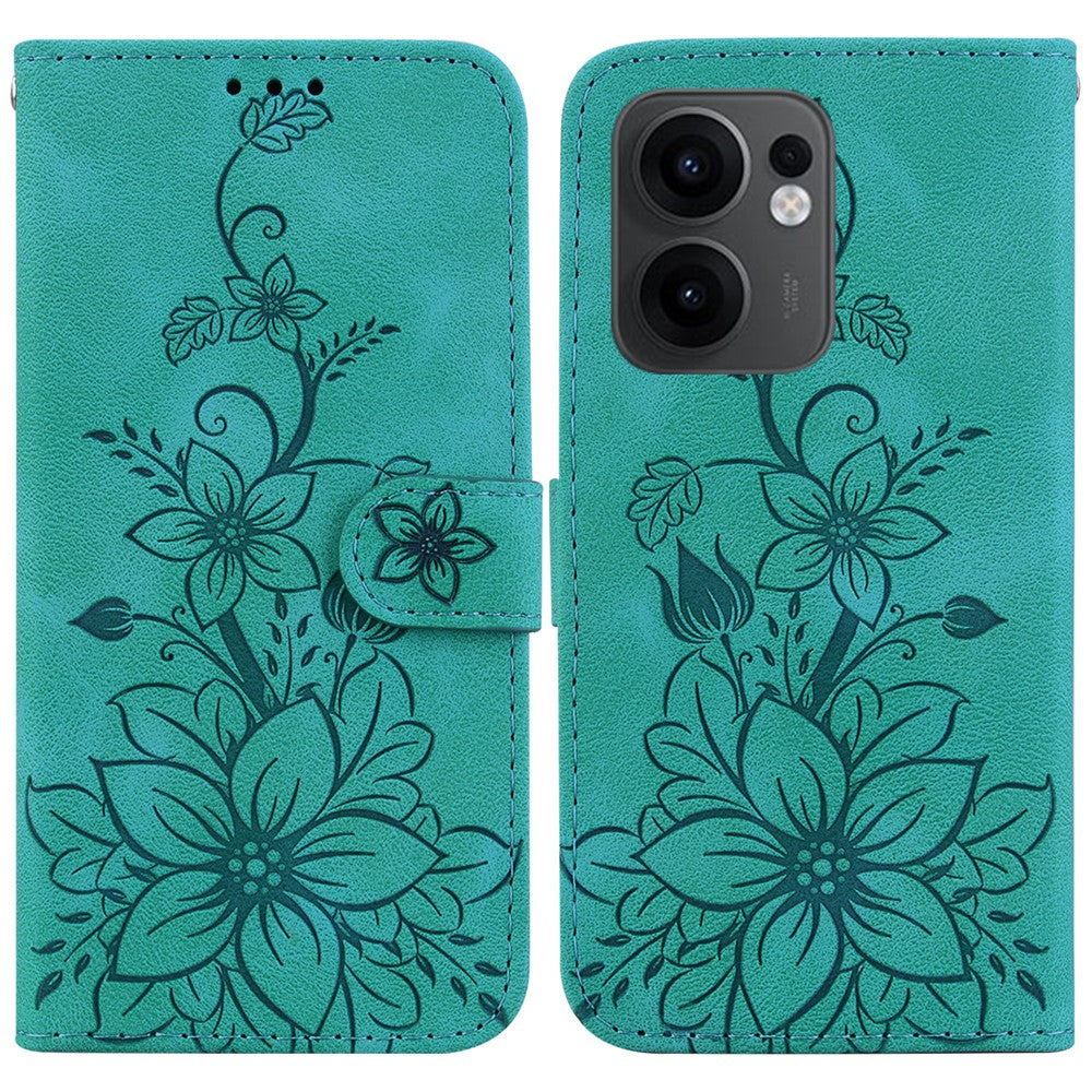 For Oppo Reno13 F 5G Case Lily Flower Imprint Leather Phone Cover with Stand - Green