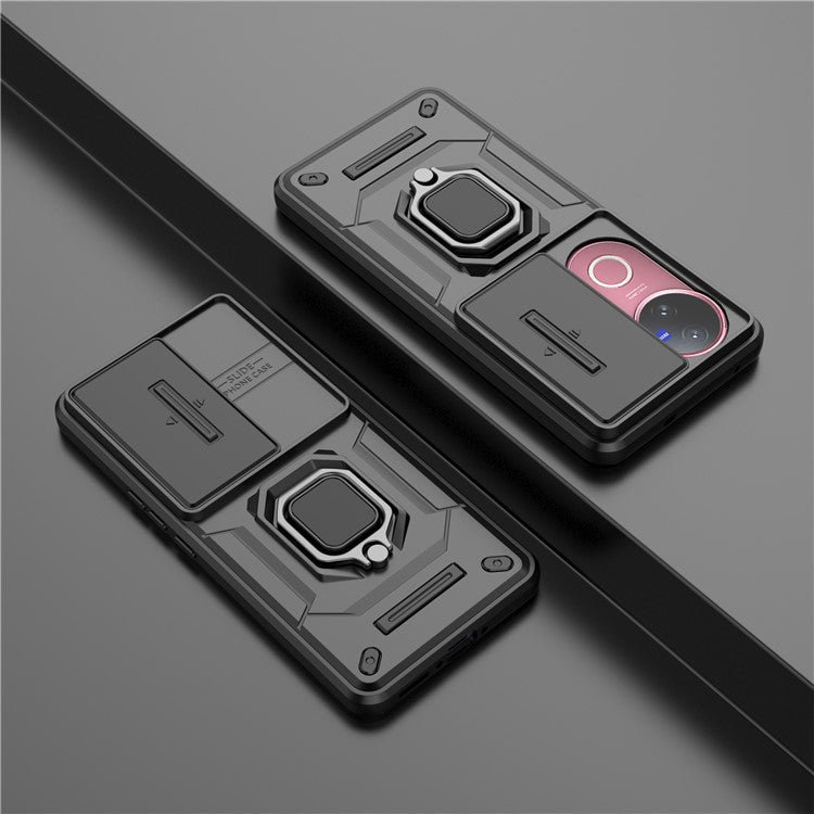 For vivo V50 5G Case PC + TPU Kickstand Phone Protector with Lens Cover - Black