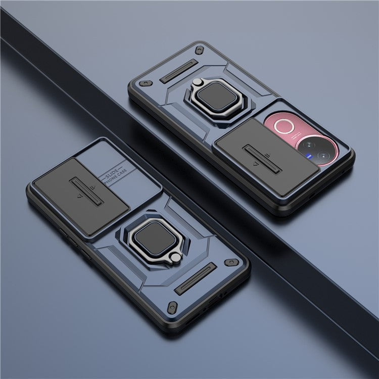 For vivo V50 5G Case PC + TPU Kickstand Phone Protector with Lens Cover - Blue