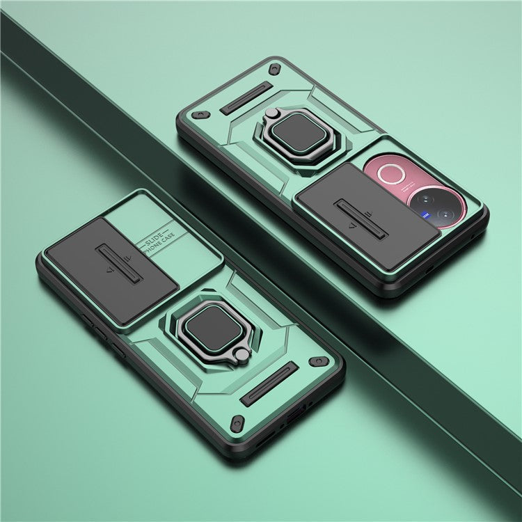 For vivo V50 5G Case PC + TPU Kickstand Phone Protector with Lens Cover - Green