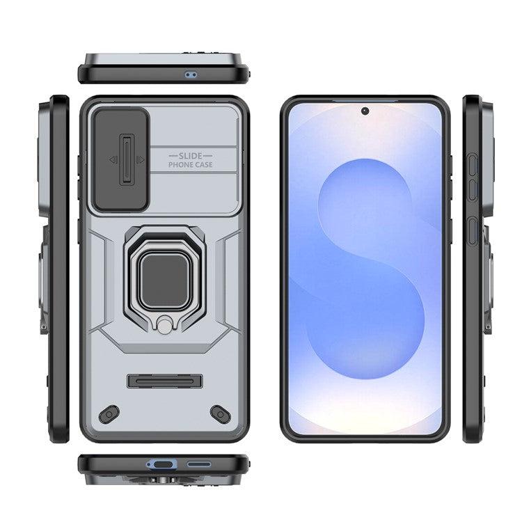 For Samsung Galaxy S25 Edge Case PC + TPU Kickstand Phone Protector with Lens Cover - Grey