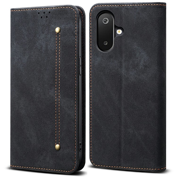 For Samsung Galaxy M06 5G / F06 5G Case Jeans Cloth Texture Anti-Scratch Leather Stand Phone Cover - Black