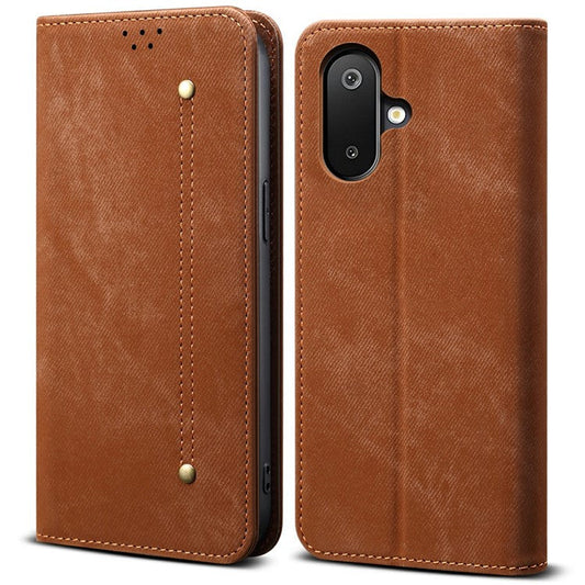For Samsung Galaxy M06 5G / F06 5G Case Jeans Cloth Texture Anti-Scratch Leather Stand Phone Cover - Coffee