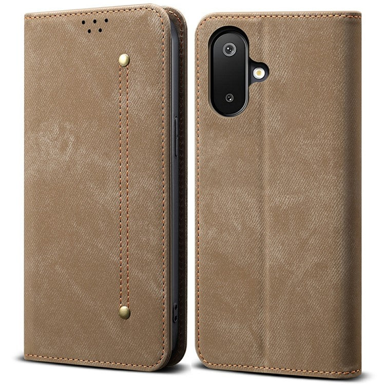 For Samsung Galaxy M06 5G / F06 5G Case Jeans Cloth Texture Anti-Scratch Leather Stand Phone Cover - Khaki