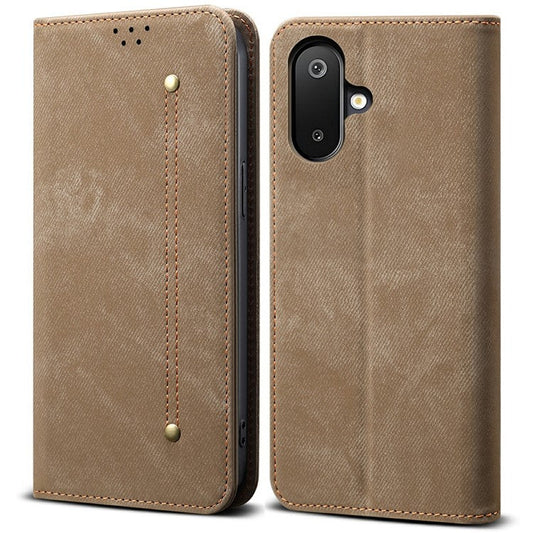 For Samsung Galaxy M06 5G / F06 5G Case Jeans Cloth Texture Anti-Scratch Leather Stand Phone Cover - Khaki