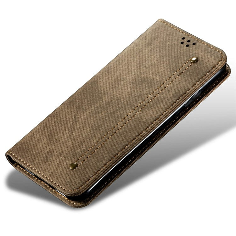 For Samsung Galaxy M06 5G / F06 5G Case Jeans Cloth Texture Anti-Scratch Leather Stand Phone Cover - Khaki