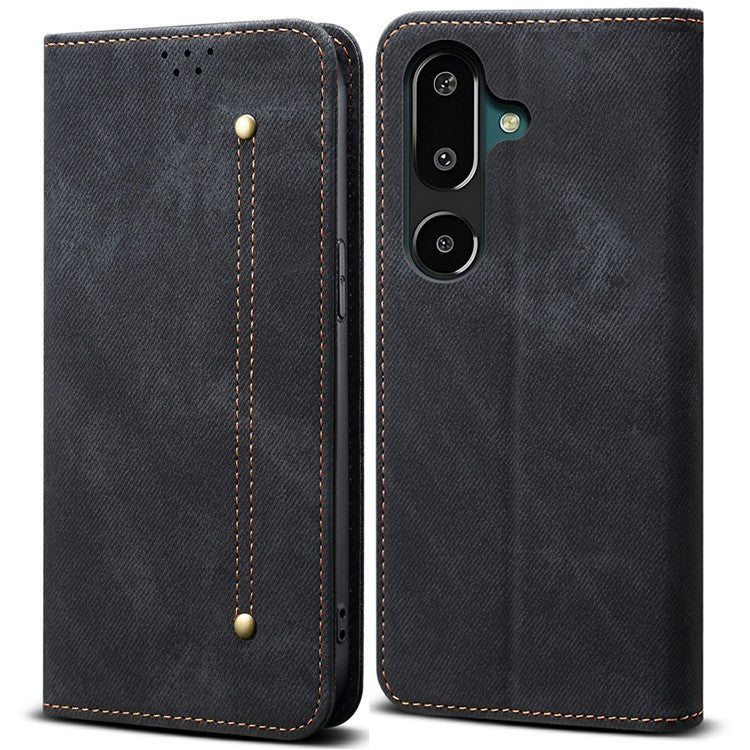 For Samsung Galaxy M16 5G / F16 5G Case Jeans Cloth Texture Anti-Scratch Leather Stand Phone Cover - Black