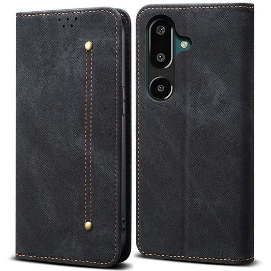 For Samsung Galaxy M16 5G / F16 5G Case Jeans Cloth Texture Anti-Scratch Leather Stand Phone Cover - Black