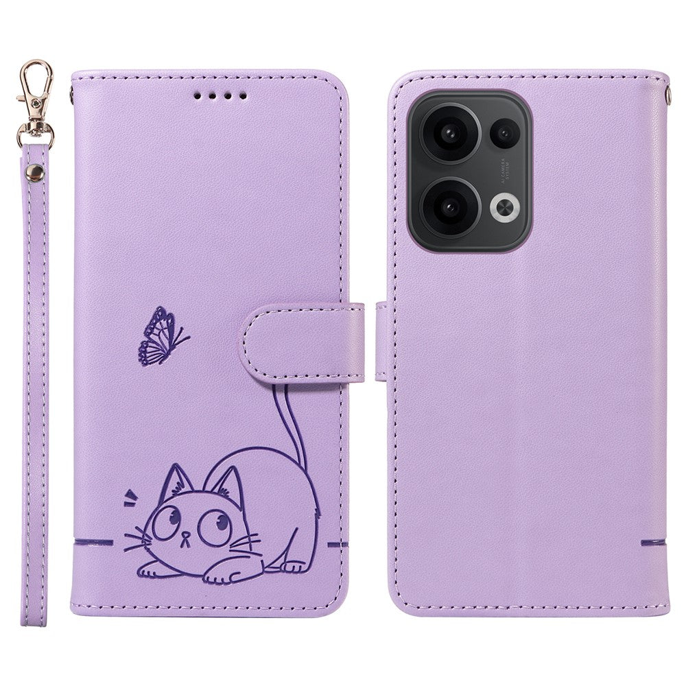 For Oppo Reno13 5G (Global) Wallet Case with Wrist Strap Cat Pattern Imprint Leather Phone Cover - Light Purple