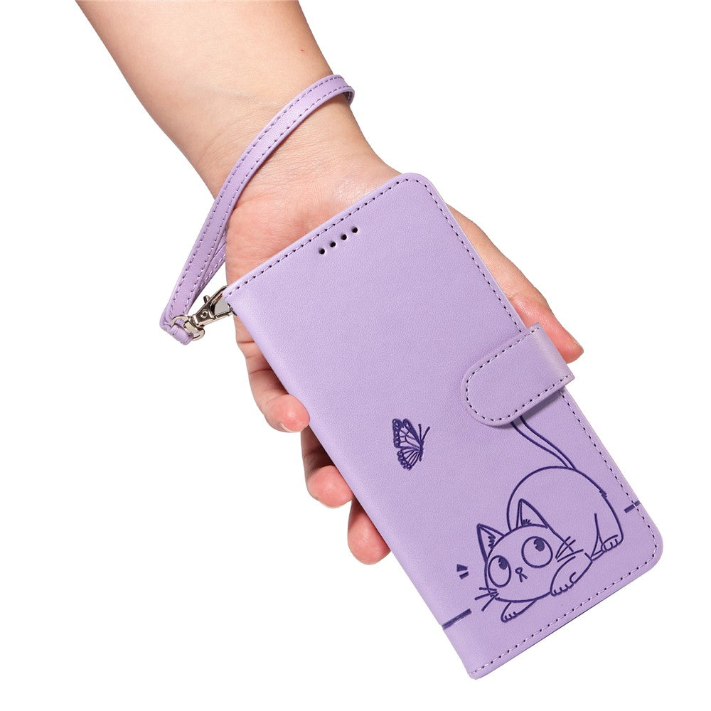 For Oppo Reno13 5G (Global) Wallet Case with Wrist Strap Cat Pattern Imprint Leather Phone Cover - Light Purple