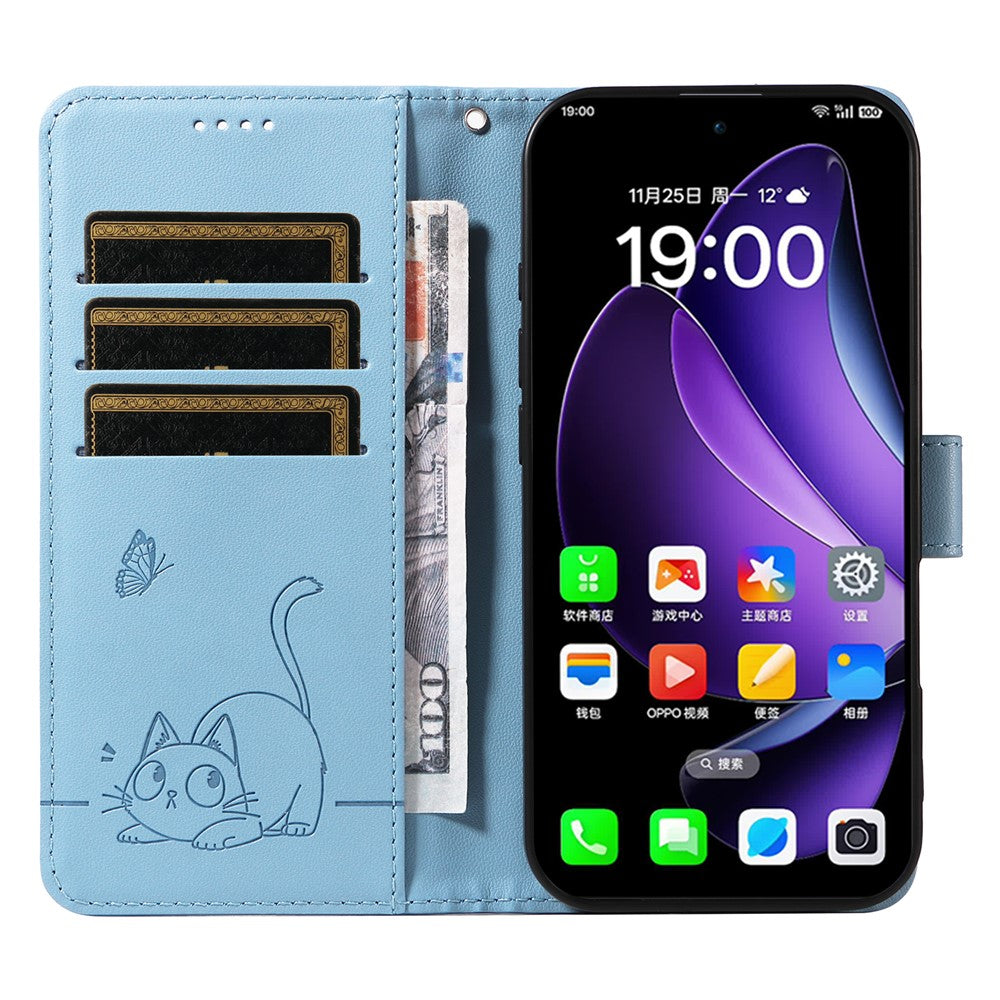 For Oppo Reno13 5G (Global) Wallet Case with Wrist Strap Cat Pattern Imprint Leather Phone Cover - Sky Blue