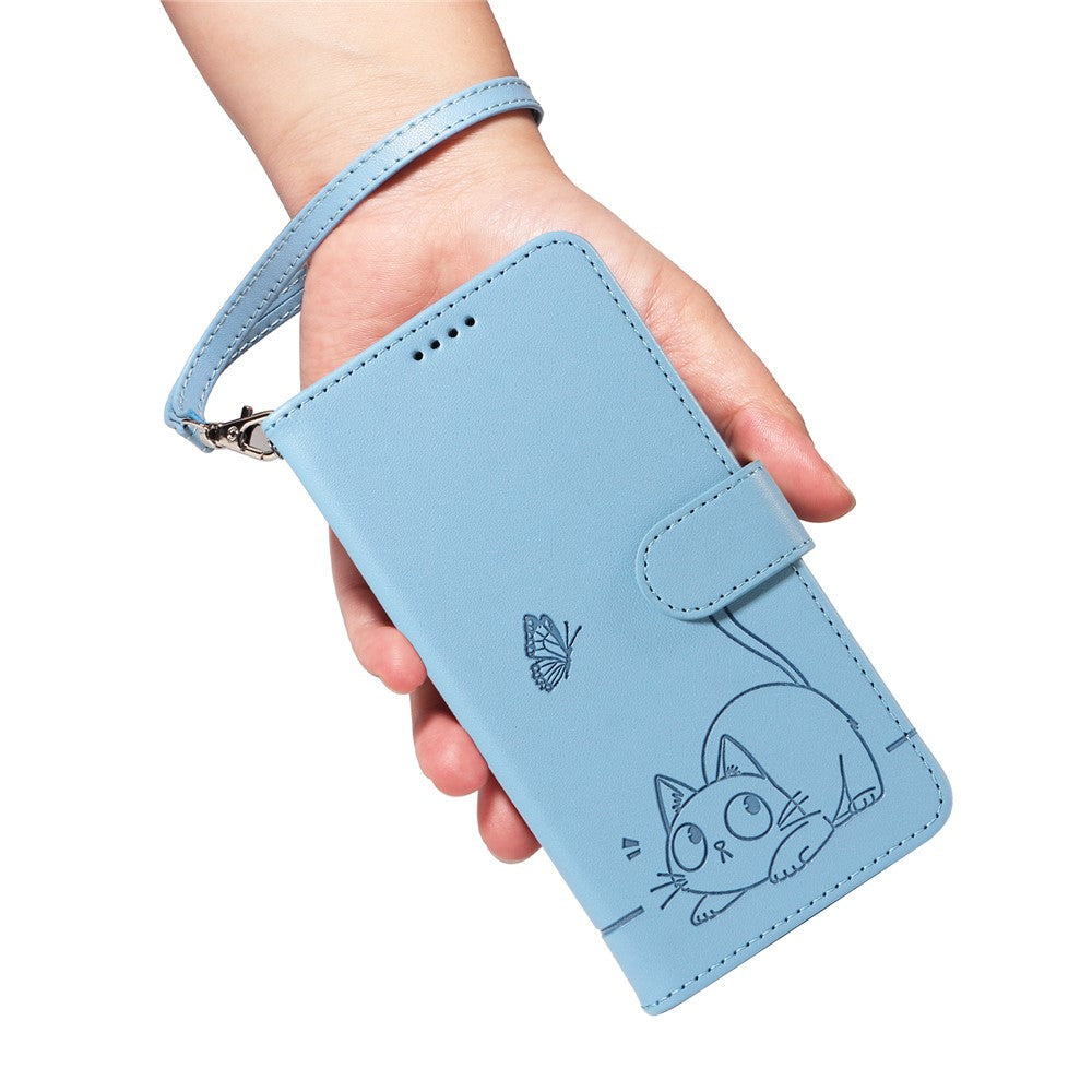 For Oppo Reno13 5G (Global) Wallet Case with Wrist Strap Cat Pattern Imprint Leather Phone Cover - Sky Blue